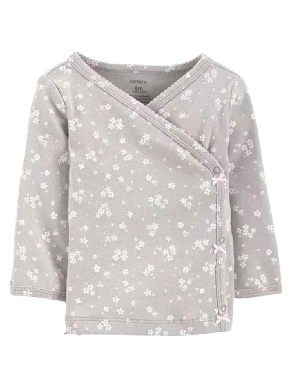 10/$15 Carter's Gray Floral Wrap-Front Long Sleeve Tee with Pink Ribbon Bows